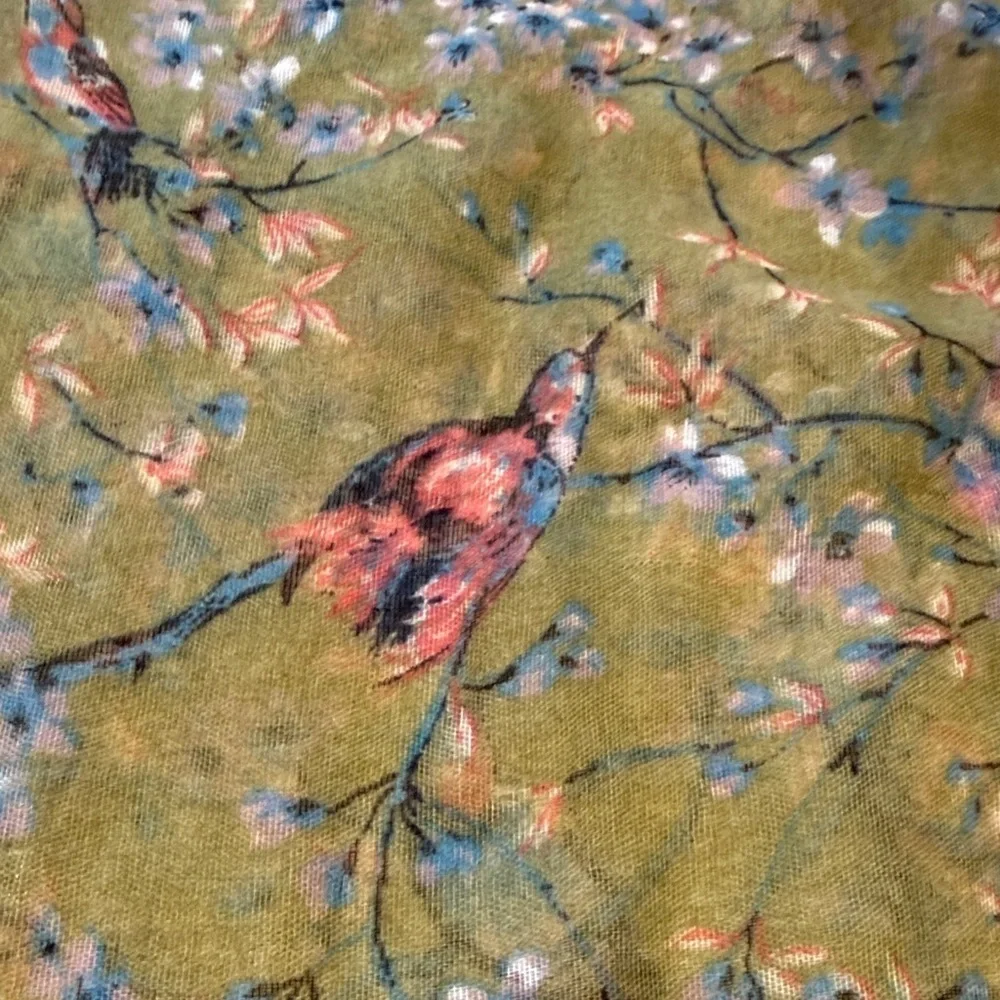 Hummingbird Japanese Floral Green and Burgundy Bordered Women's Scarf